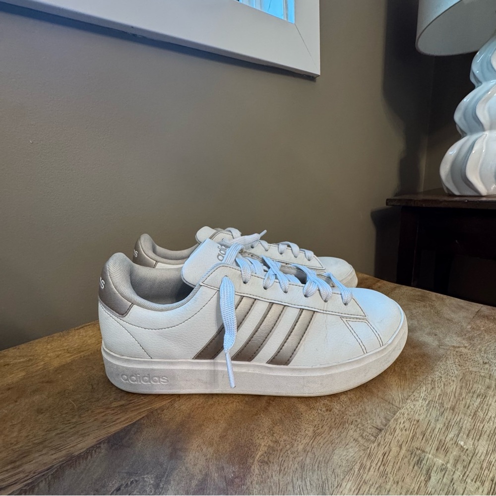 Adidas White and Platinum Metallic Women’s Grand Court Sneaker
